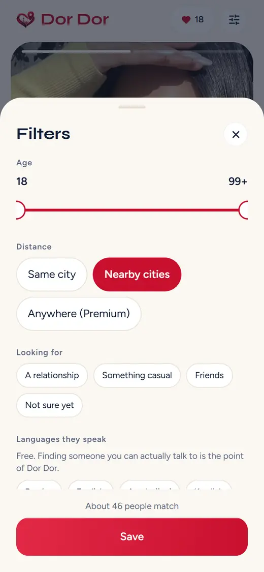 The filters sheet: distance set to nearby cities, an age range from eighteen to sixty plus, and a choice between everyone and verified profiles only.