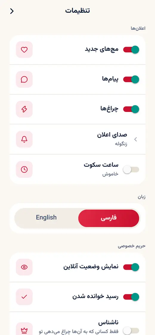 Settings in Persian: notification switches, quiet hours, the language toggle, and privacy switches for online status and read receipts.